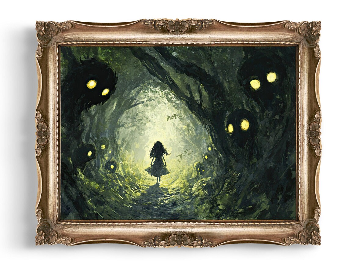 Girl In Eerie Forest With Glowing Eyes Spooky Dark Fantasy Poster