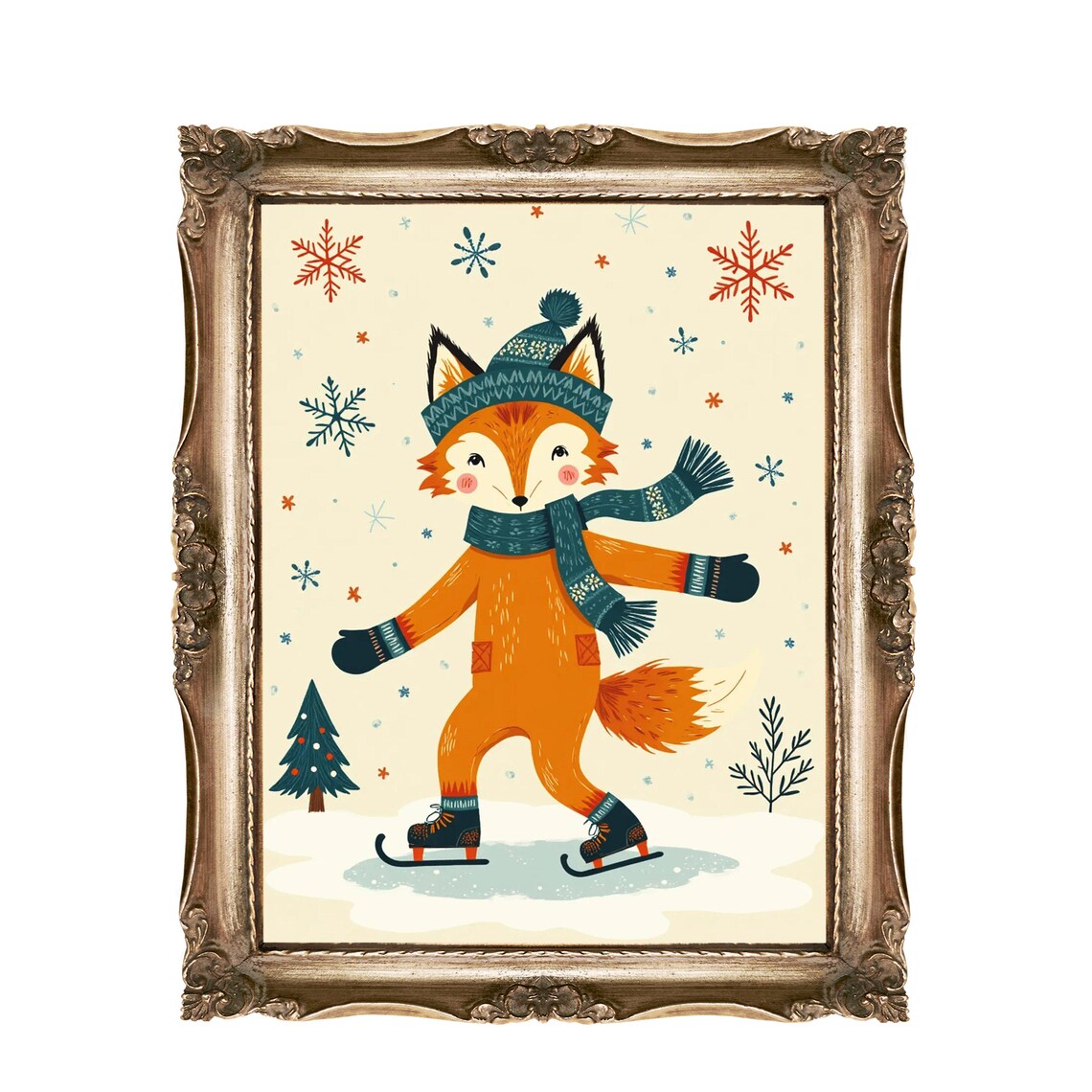Winter Fox Wall Art For Kids Nursery Decor Ice Skating Animal Print Cute Holiday Instant