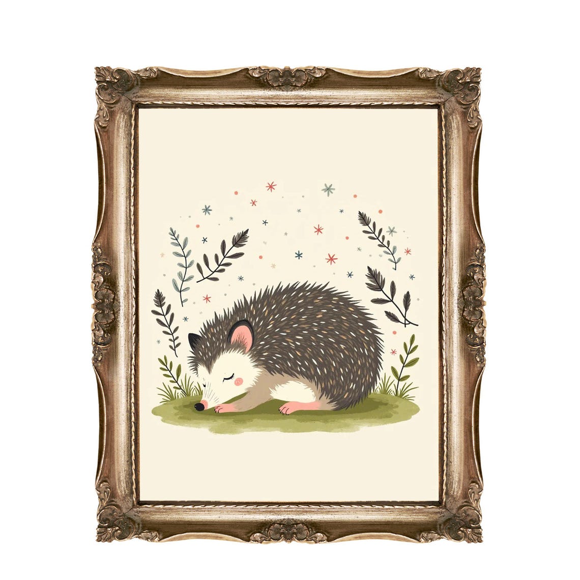 Sleeping Hedgehog Resting Leafy Garden Cute Baby Nursery Wall Art