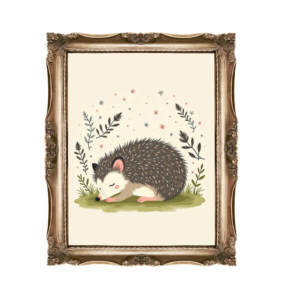 Sleeping Hedgehog Resting Leafy Garden Cute Baby Nursery Wall Art