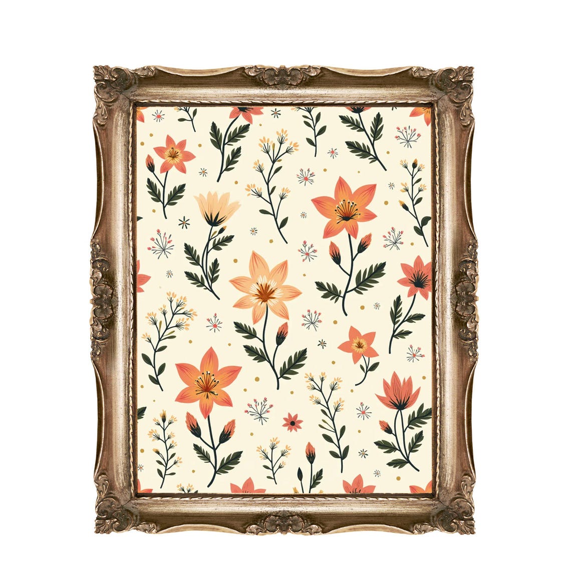 Orange Blossom Wildflower Pattern Botanical Nursery Wall Art