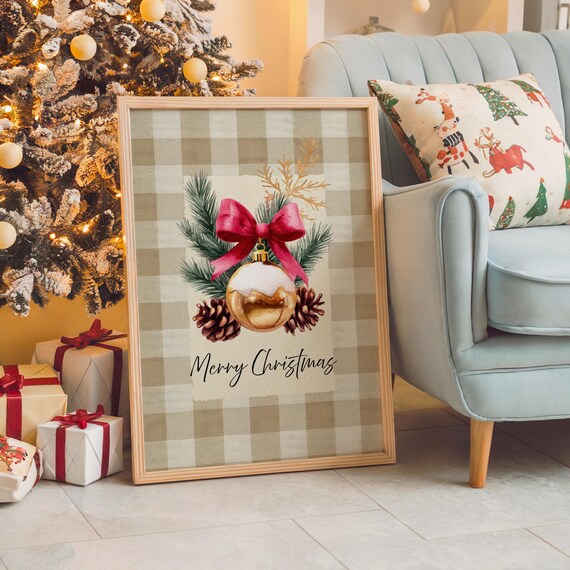 Rustic Merry Christmas Ornament Gingham Farmhouse Holiday Poster