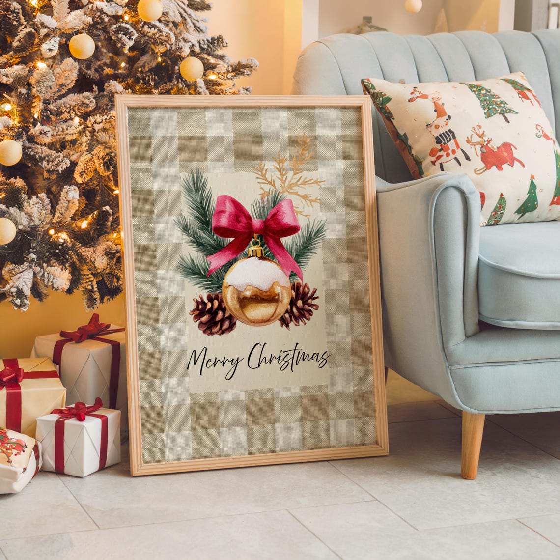 Rustic Merry Christmas Ornament Gingham Farmhouse Holiday Poster