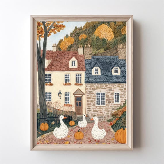 Autumn Village Duck With Pumpkin, Farmhouse Art Print