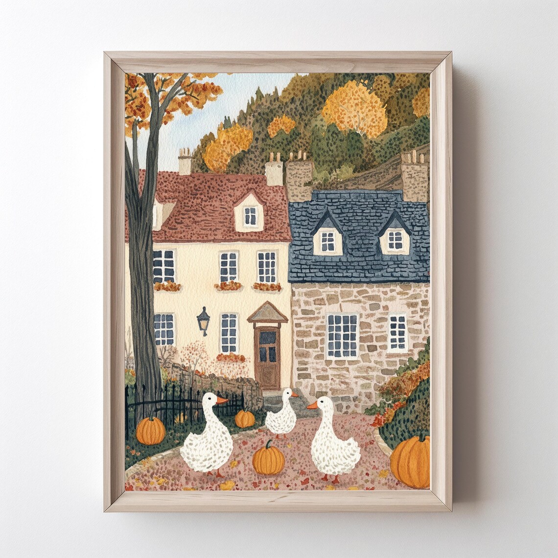 Autumn Village Duck With Pumpkin, Farmhouse Art Print