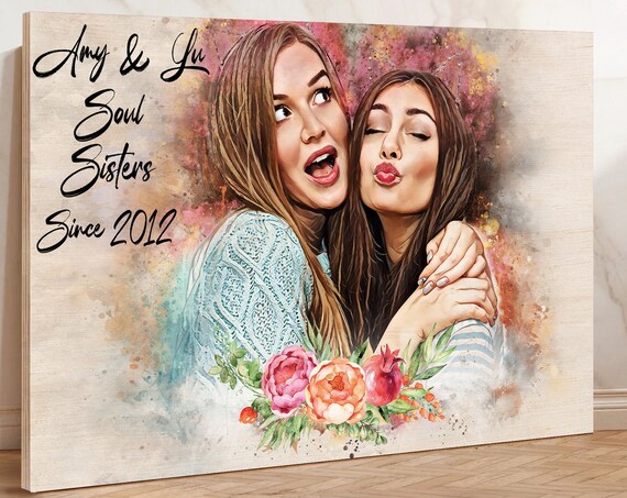 Amy and Lu Soul Sisters Since 2012 Watercolor Portrait Wood Poster
