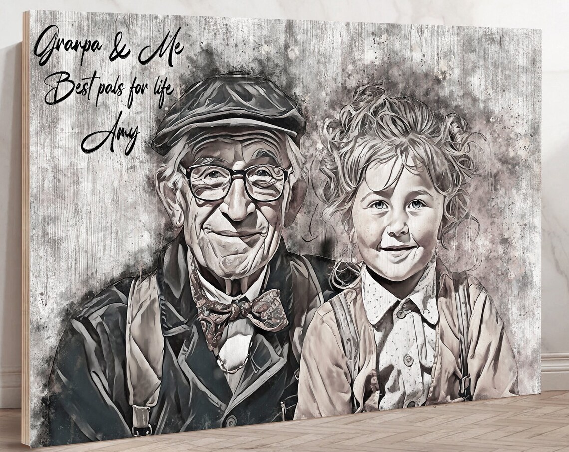 Granpa and Me Amy Grayscale Watercolor Portrait Light Wood Poster