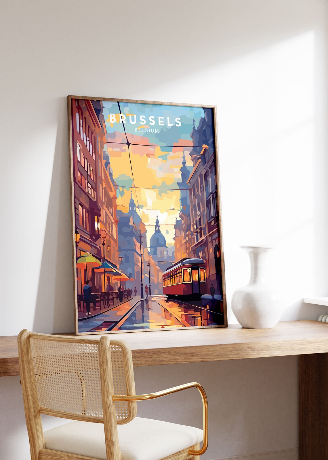 Brussels Belgium Old Street Tram Sunset City Travel Art Poster - Image 2