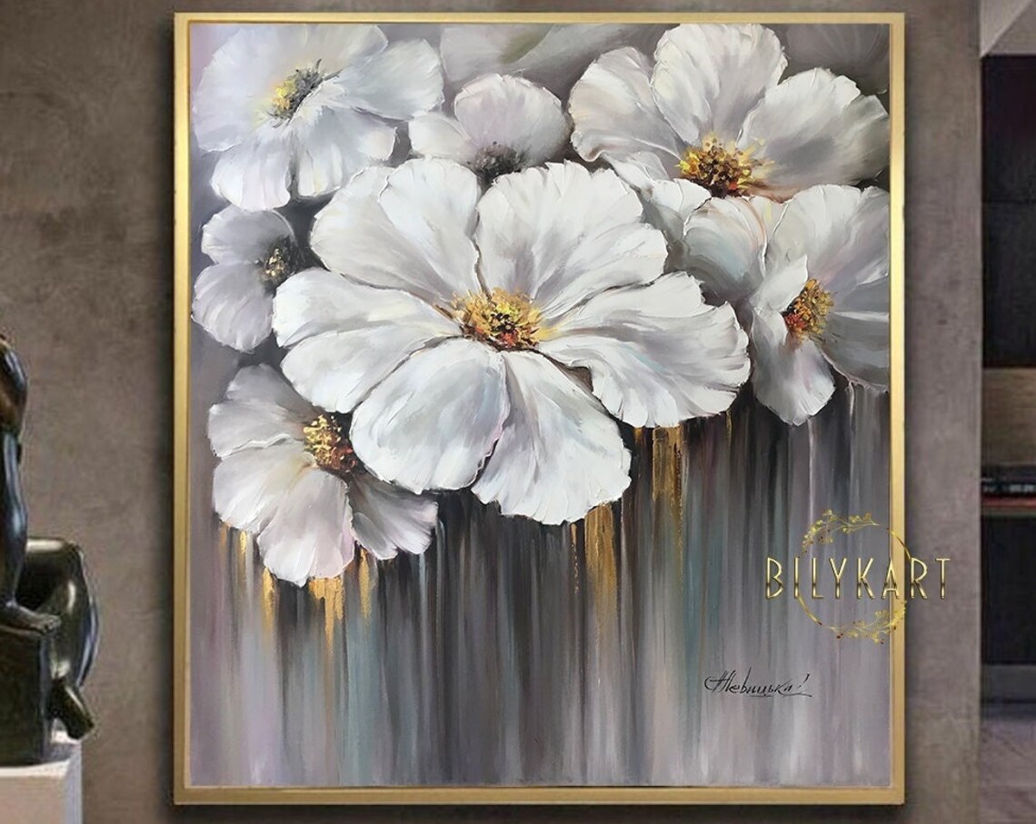 Abstract White Flowers, Neutral Floral Art Print