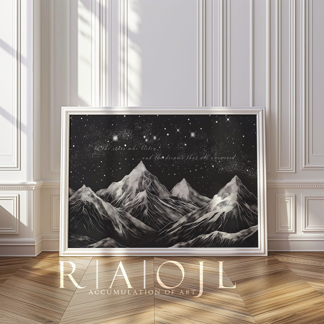 To The Stars Who Listen Monochrome Starry Peaks Quote Poster