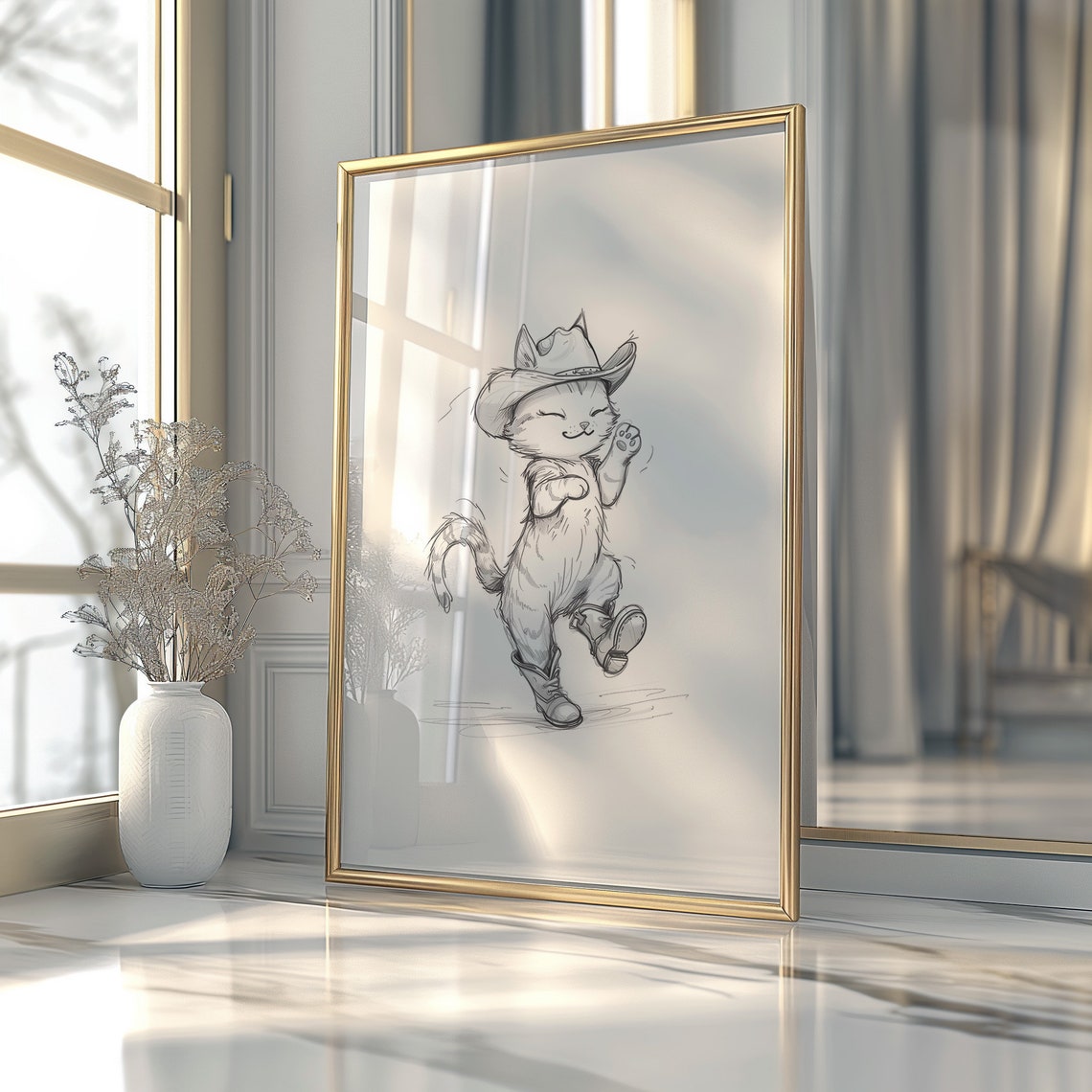 Dancing Cowboy Cat In Boots Pencil Sketch Funny Animal Poster - Image 3