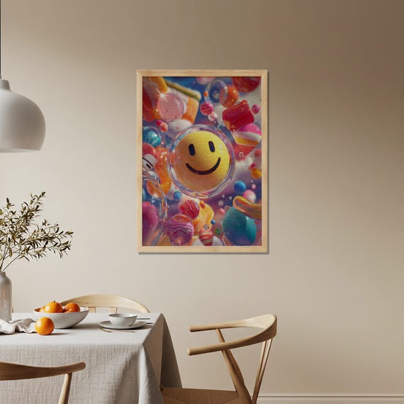 Smiley Face Wooden Poster Colorful Pop Art Print On Wood Whimsical Abstract Candy Bubble For Cheerful Modern Home Interiors