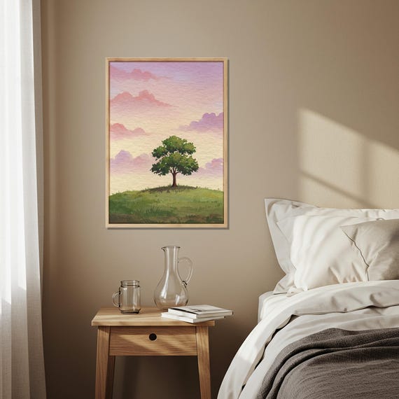 Tree On Hill Sunset Landscape Nature Wall Art Print Rustic Wooden Framed Home Decor Poster