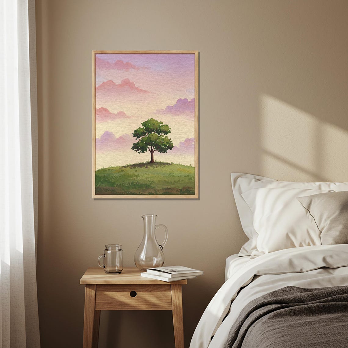 Lone Tree on Hill Pastel Sunset Watercolor Rustic Landscape Wall Art
