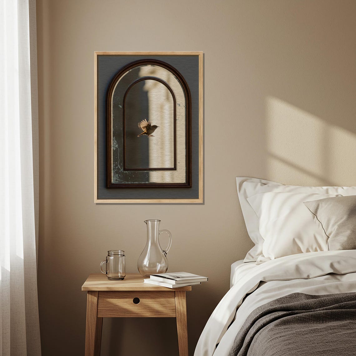 Lone Bird in Flight Within an Arched Window Moody Minimal Art Poster