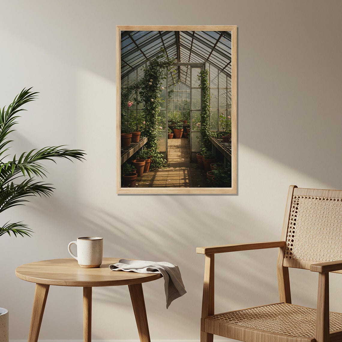 Sunlit Glass Greenhouse Interior With Potted Plants Botanical Poster
