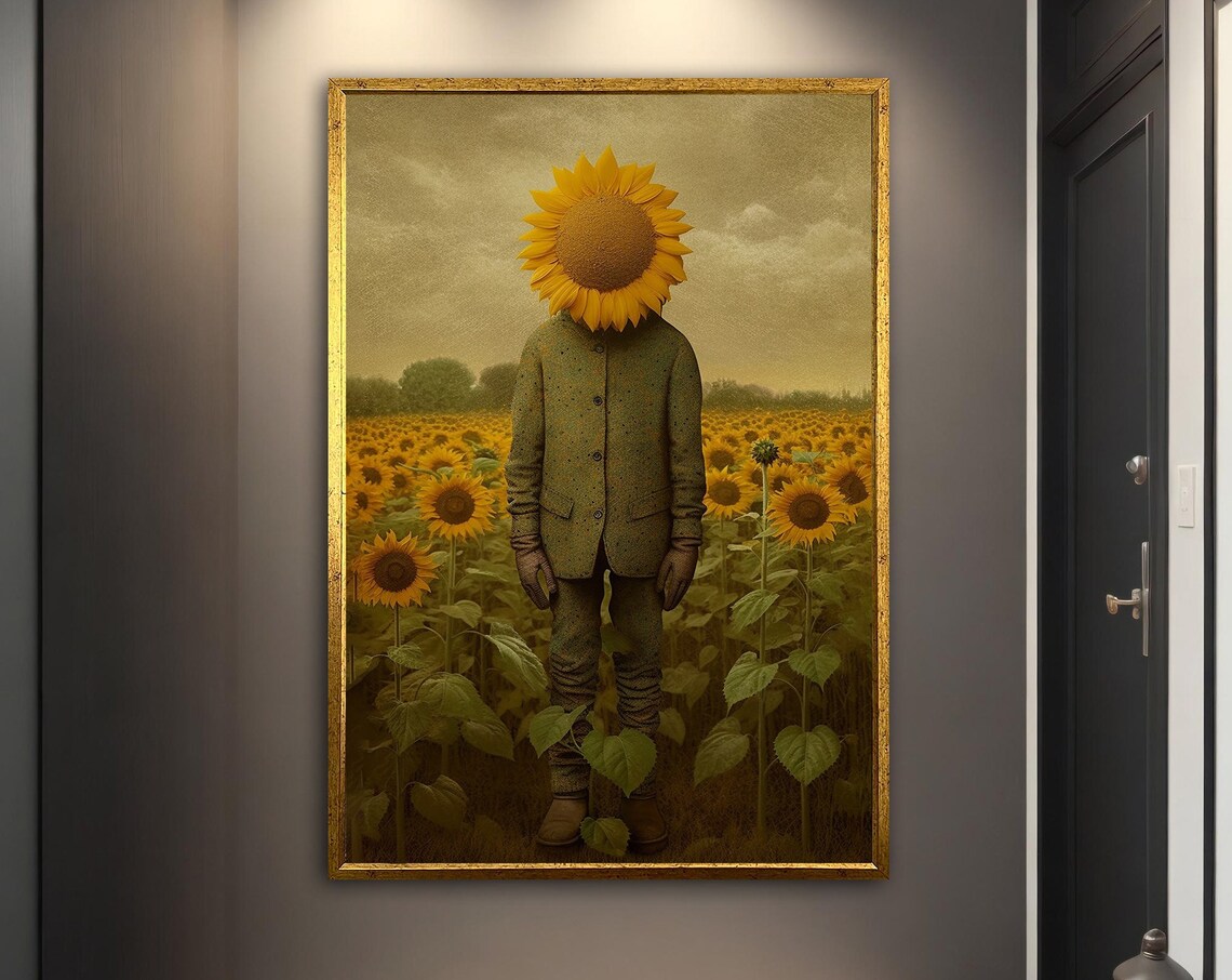 Sunflower Man Head Field Vintage Surreal Fantasy Botanical Art Poster