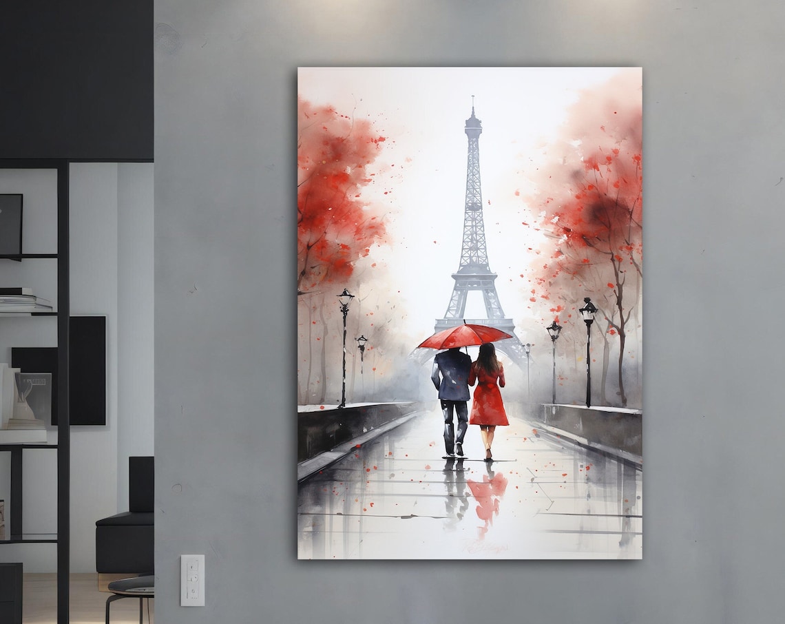 Eiffel Tower Rain Couple Red Umbrella Paris Watercolor Travel Poster