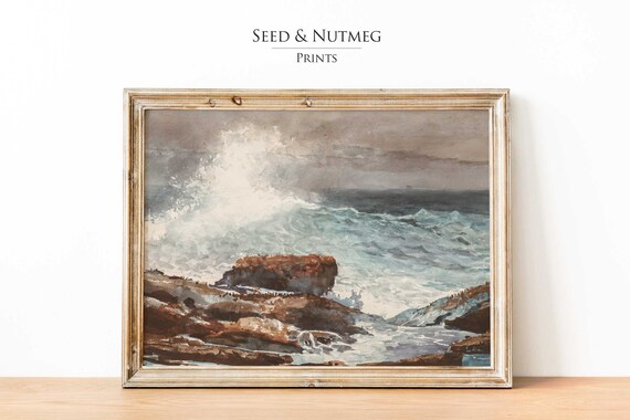 Crashing Ocean Waves Rocky Shore Vintage Storm Seascape Poster