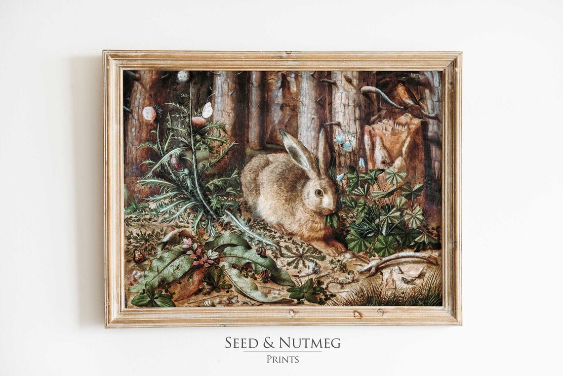 Wild Hare In Forest Undergrowth Vintage Wildlife Animal Art Poster