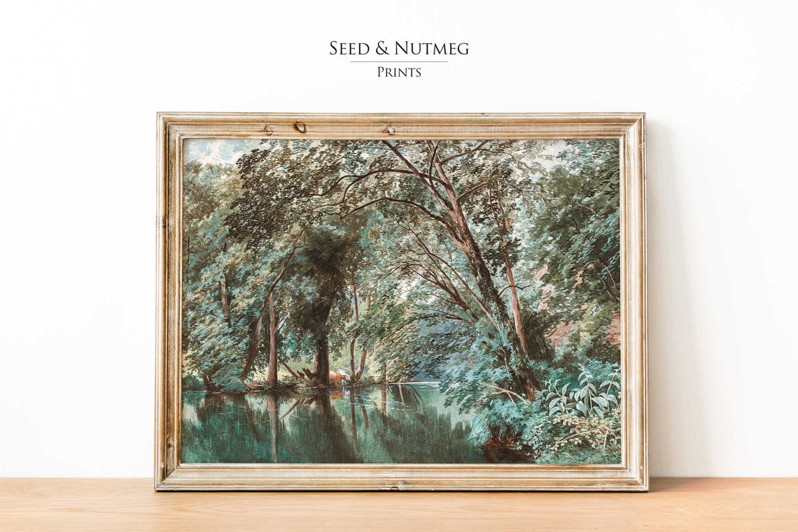 Lush Green Forest River Reflective Trees Vintage Nature Poster