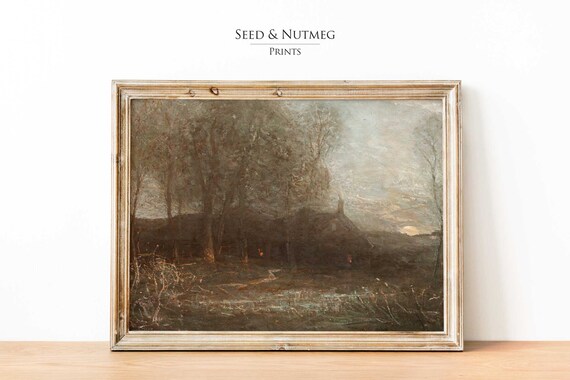 Spooky Woodland Cottage Glowing Windows Misty Dusk Scene Poster