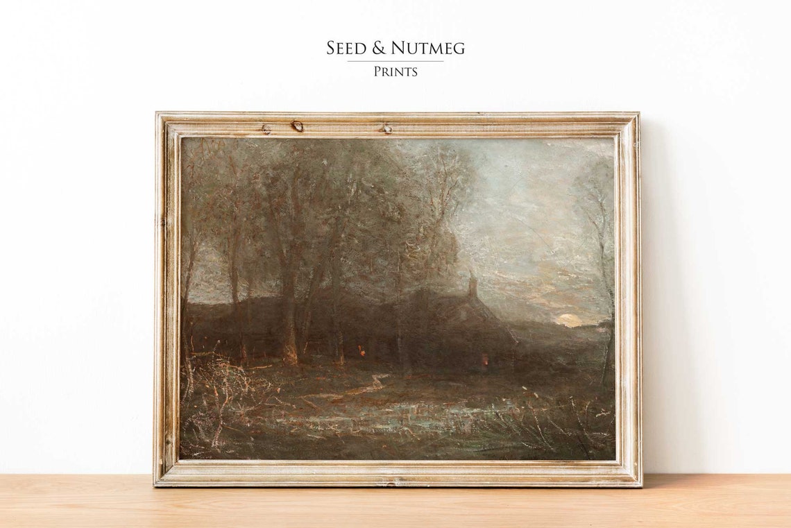 Spooky Woodland Cottage Glowing Windows Misty Dusk Scene Poster