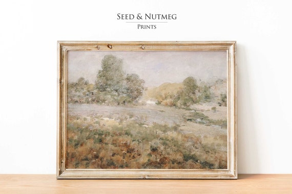 Vintage Springtime Meadow Antique Oil Painting Green Field Neutral Minimalist Forest Field Art Wall Art 229