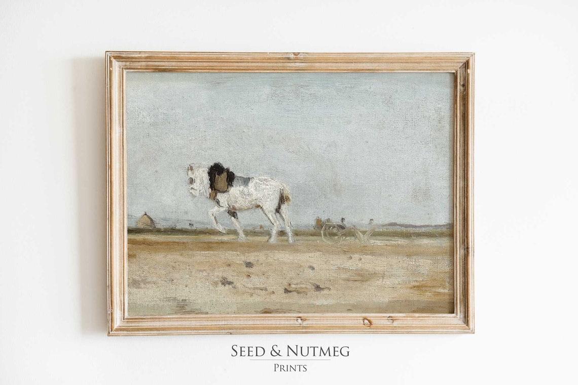 White Horse Plowing the Open Field Rustic Vintage Farm Art Print