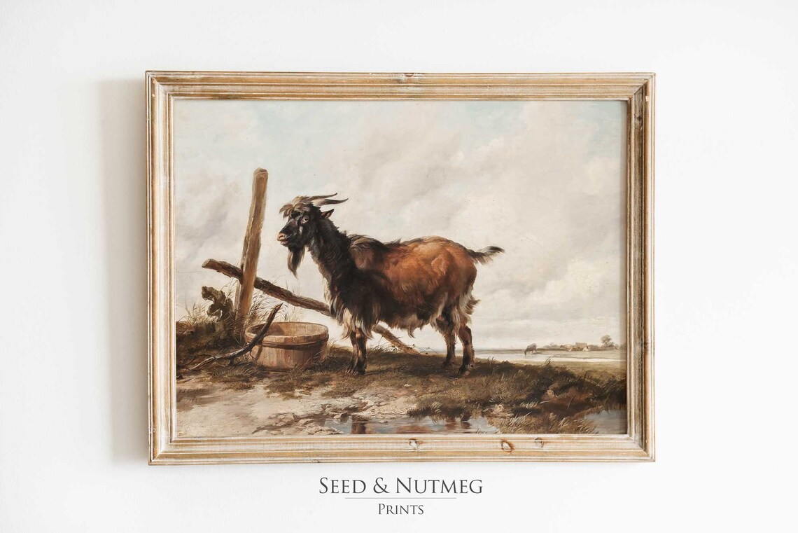 Brown Goat by Rustic Fence Vintage Farm Animal Oil Art Print