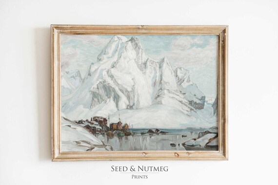 Snowy Fjord Fishing Village Mountain Boats Vintage Winter Poster