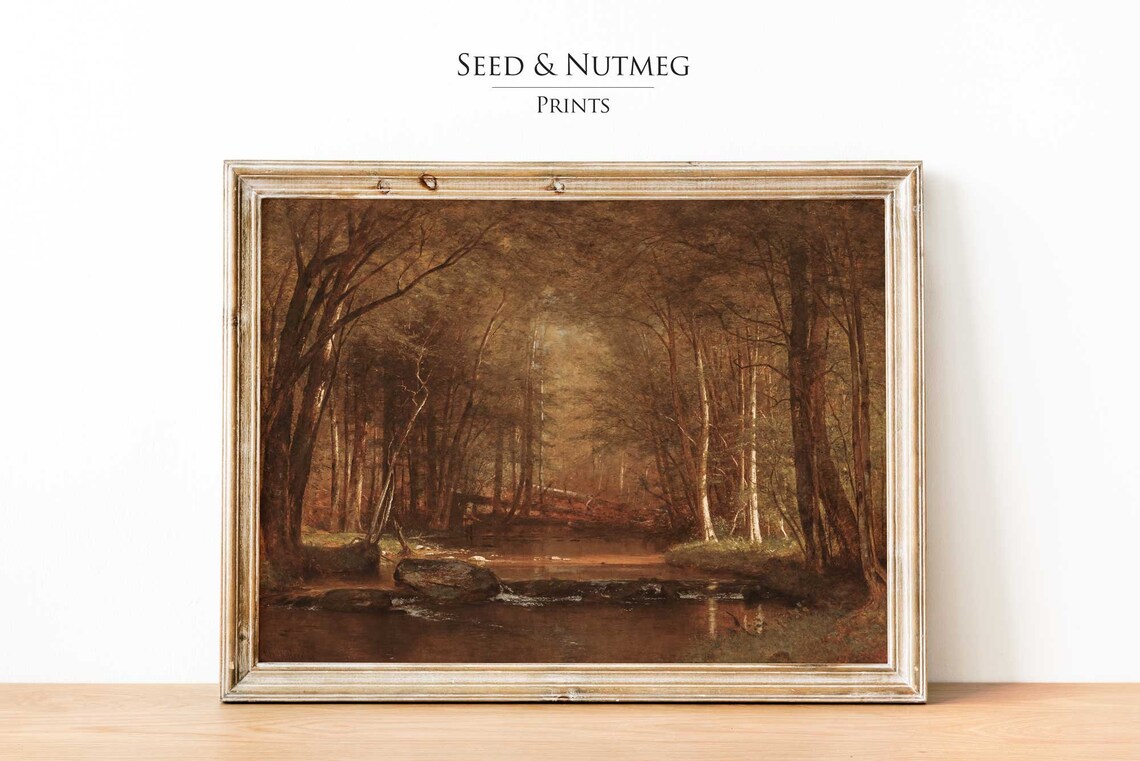 Dark Autumn Forest Stream in Amber Tones Vintage Landscape Poster