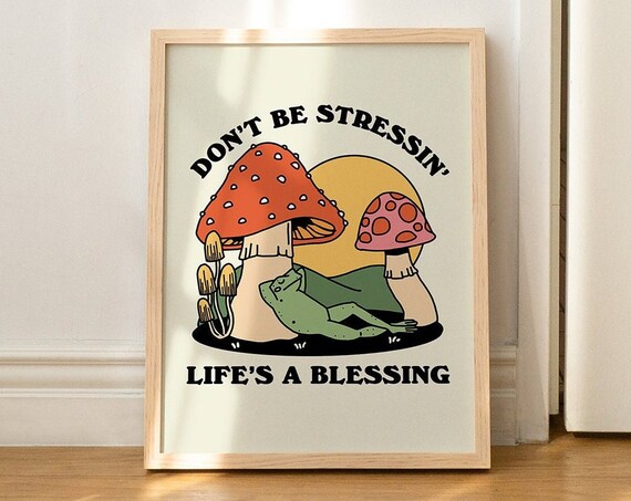 Groovy Mushroom Retro Frog Art Print, 70s Style