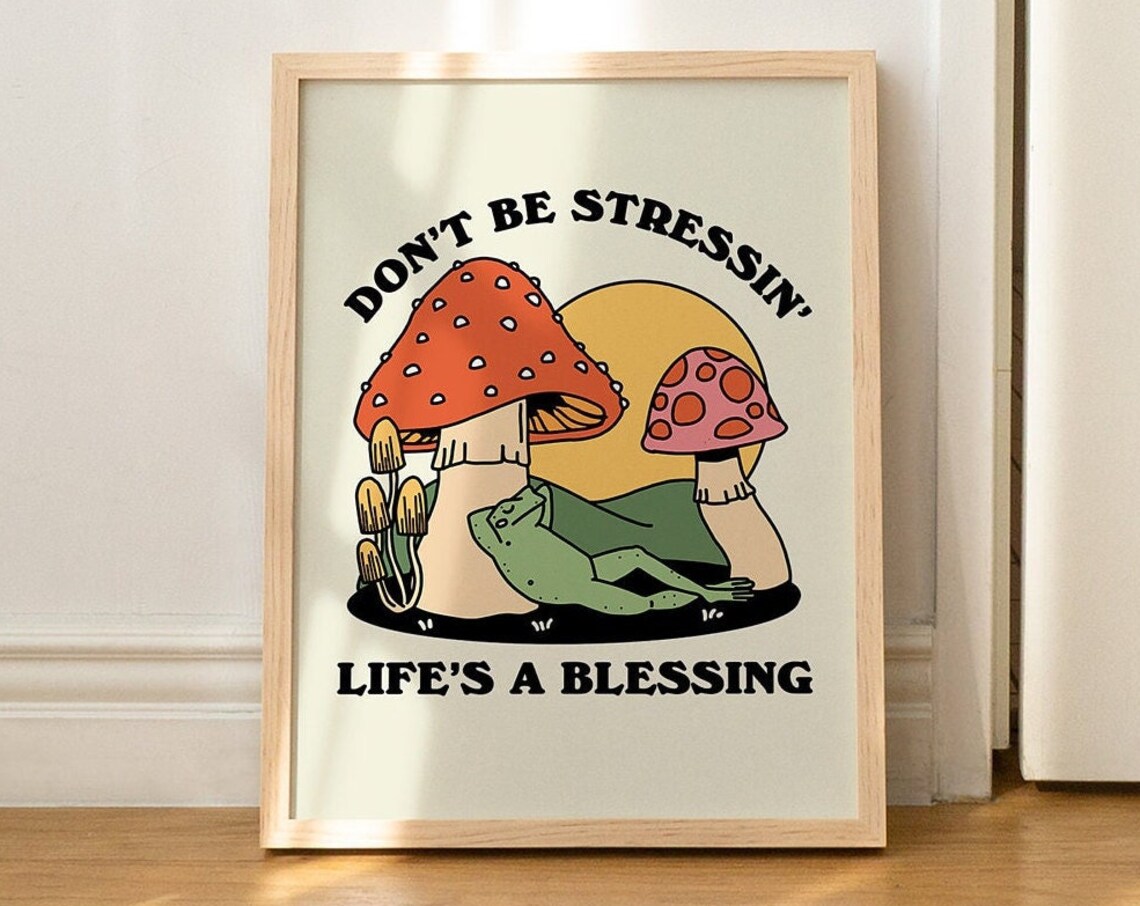 Groovy Mushroom Retro Frog Art Print, 70s Style