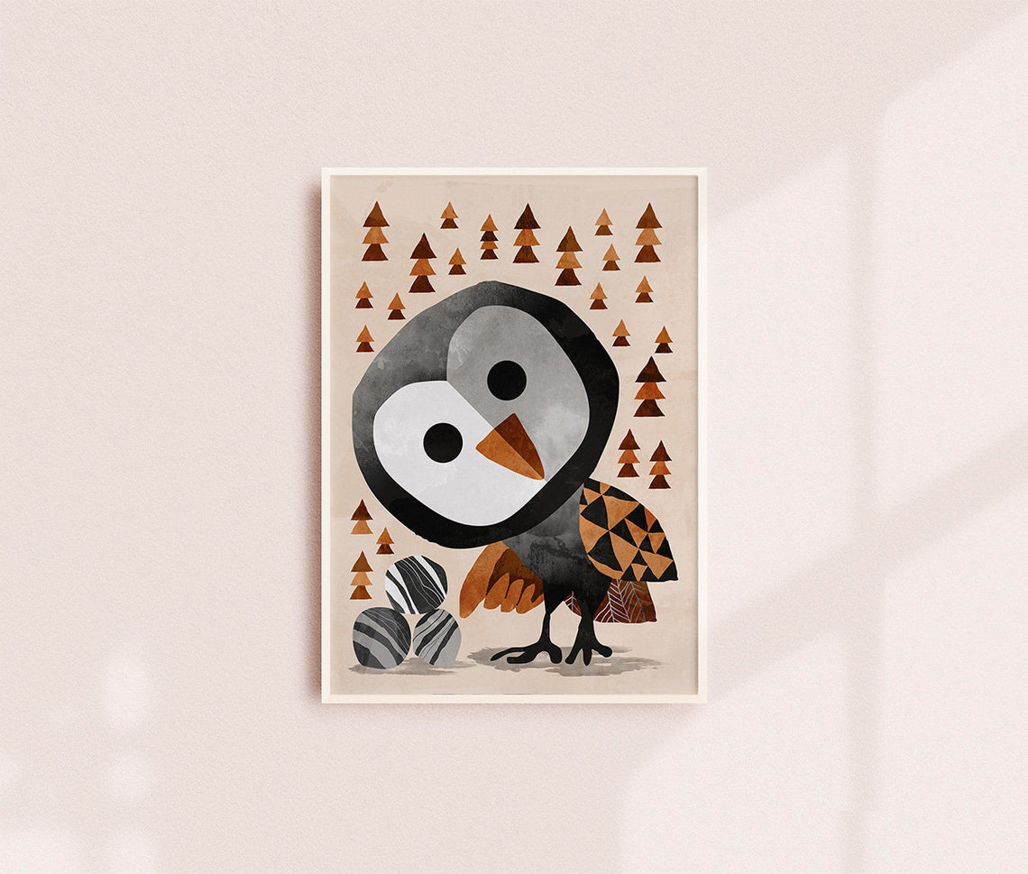 Cute Owl Woodland Nursery Wall Decor Brown Triangle Trees Poster - Image 3