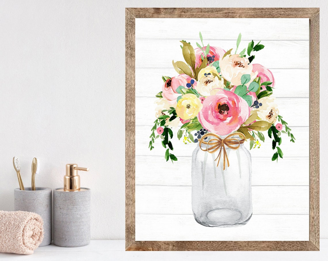 Pink Floral Bouquet in Mason Jar with Raffia Bow Farmhouse Poster