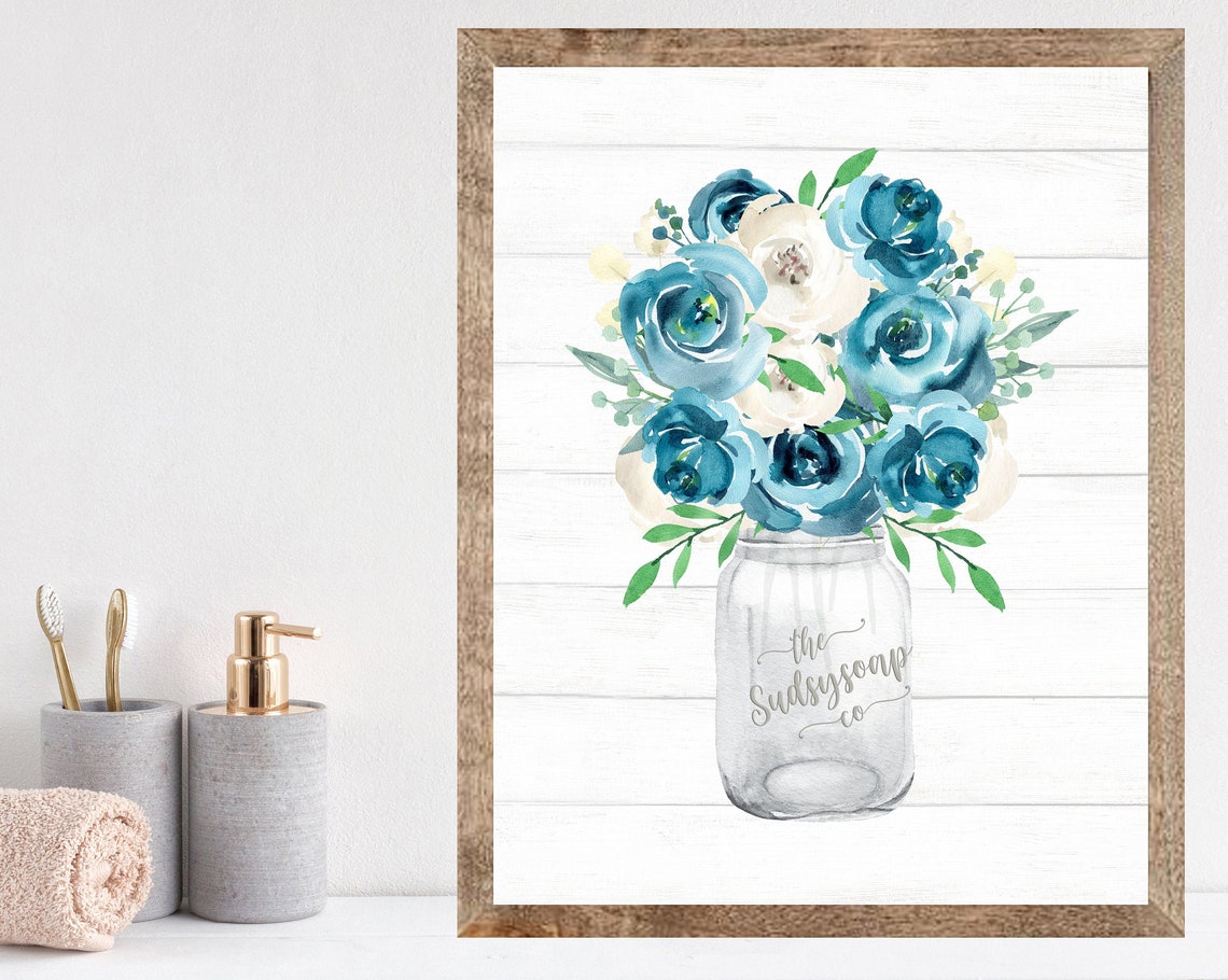 Teal Watercolor Roses In Mason Jar Bathroom Floral Wall Poster