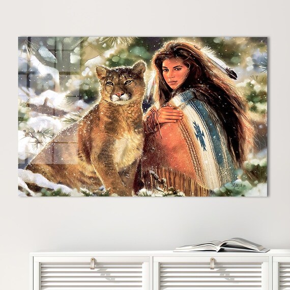 Woman and Cougar in Snow Winter Wildlife Fantasy Painting Wall Art