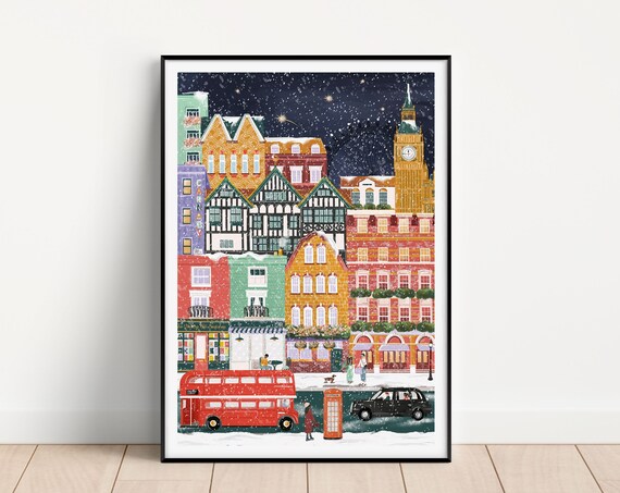 London Christmas Snowy Street Big Ben Red Bus Holiday Art Poster