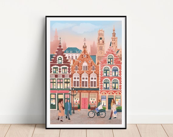 Bruges Travel Poster, Belgium Market Square Art Print