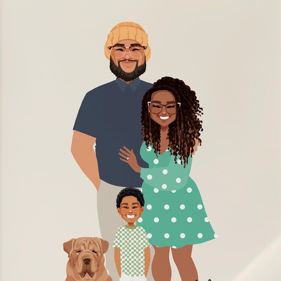 Custom Illustrated Family Portrait With Parents Child and Dog Poster
