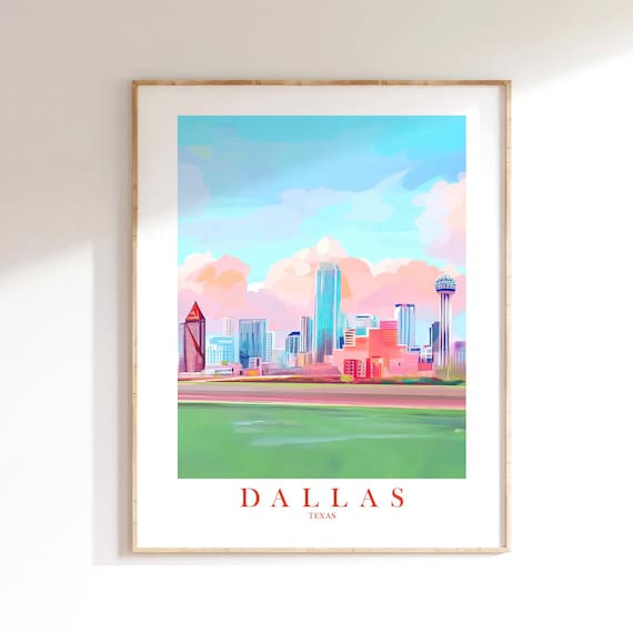 Whimsical Dallas Texas Pastel Skyline Cityscape Travel Poster