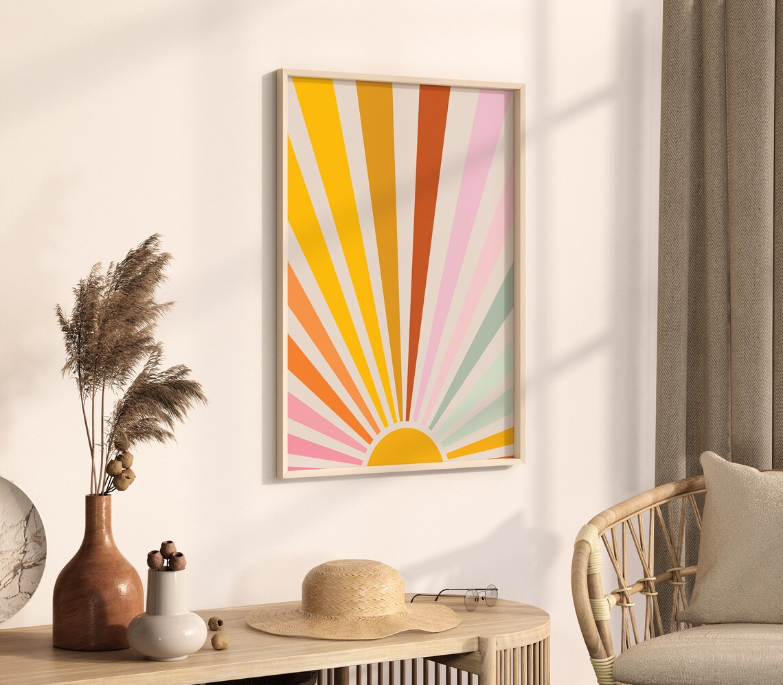 Retro Rainbow Sun Wall Art 70s Art Trendy Colorful Print Nursery Wall Decor Large Dorm Poster - Image 2