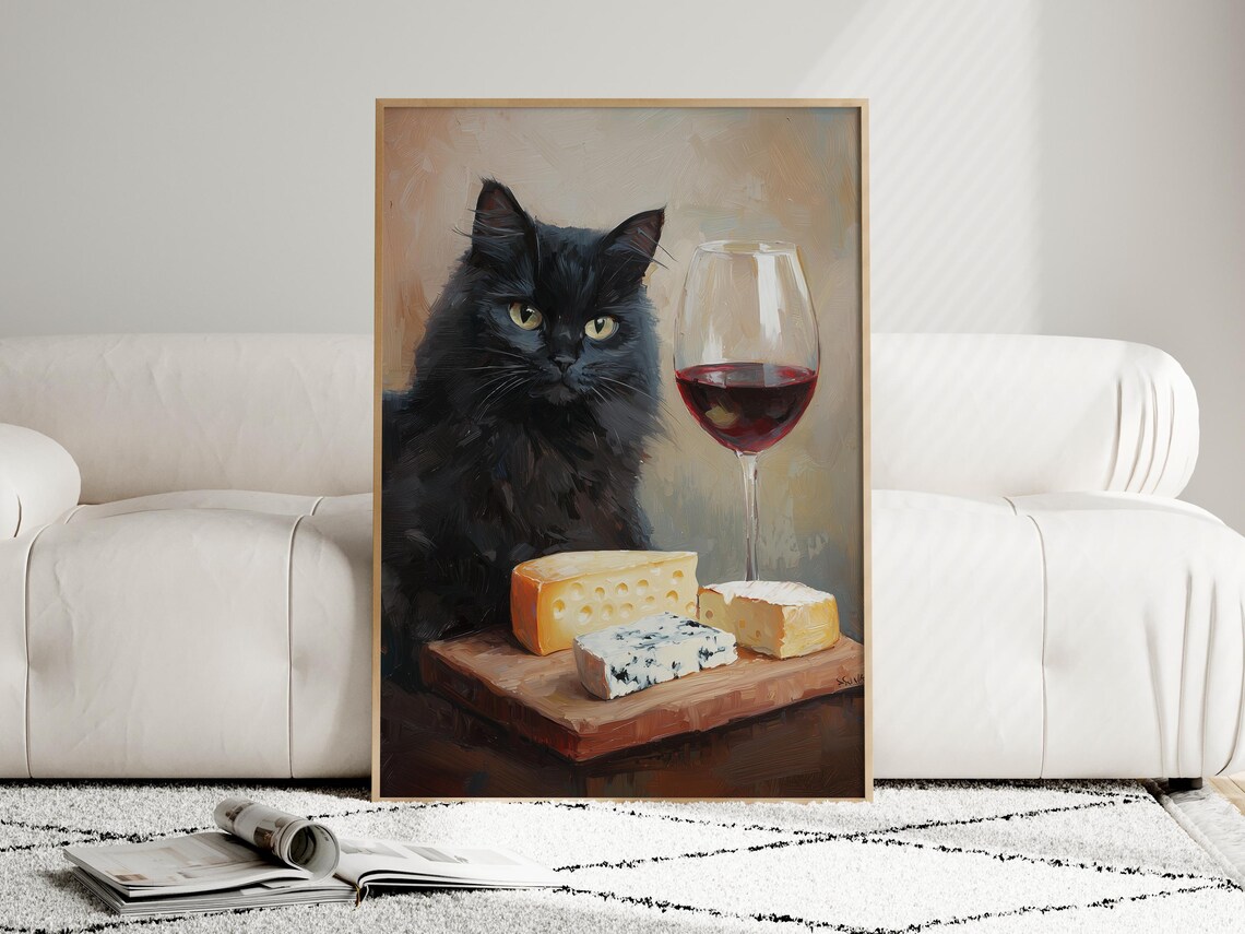 Black Cat Drinking Wine, Minimalist Bar Art Print - Image 4