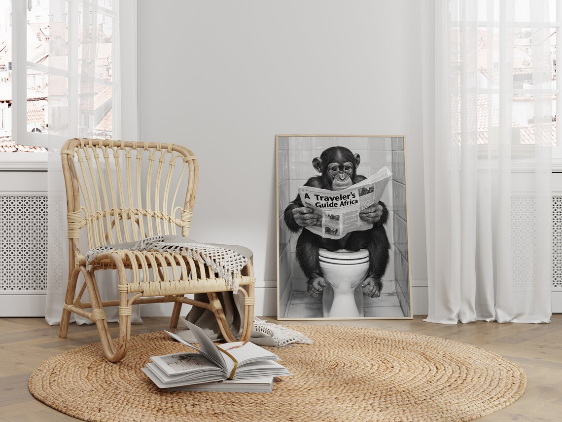 Monkey Sitting On The Toilet, Funny Bathroom Print - Image 3