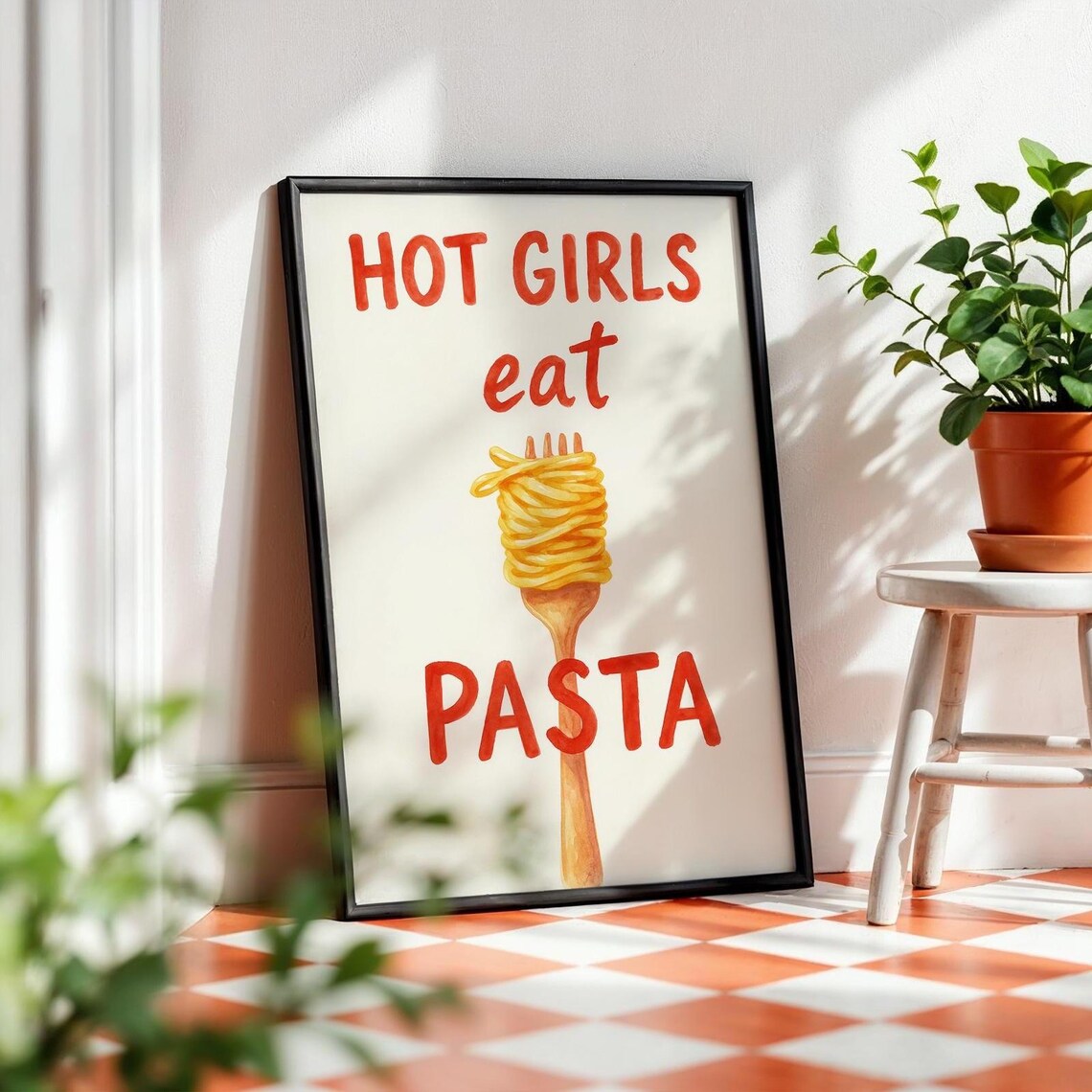 Hot Girls Eat Pasta Watercolor, Funny Quote Art Print