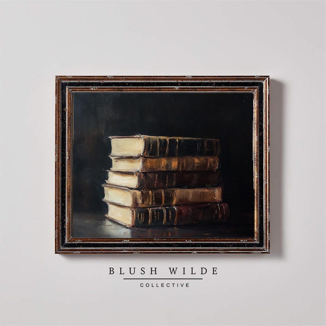 Stack Of Vintage Leather Books Dark Still Life Oil Painting Poster