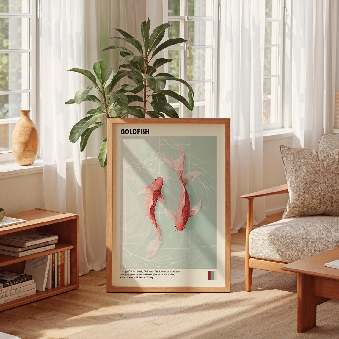 Goldfish Pink Koi Pair Mint Water Japanese Style Fish Art Poster