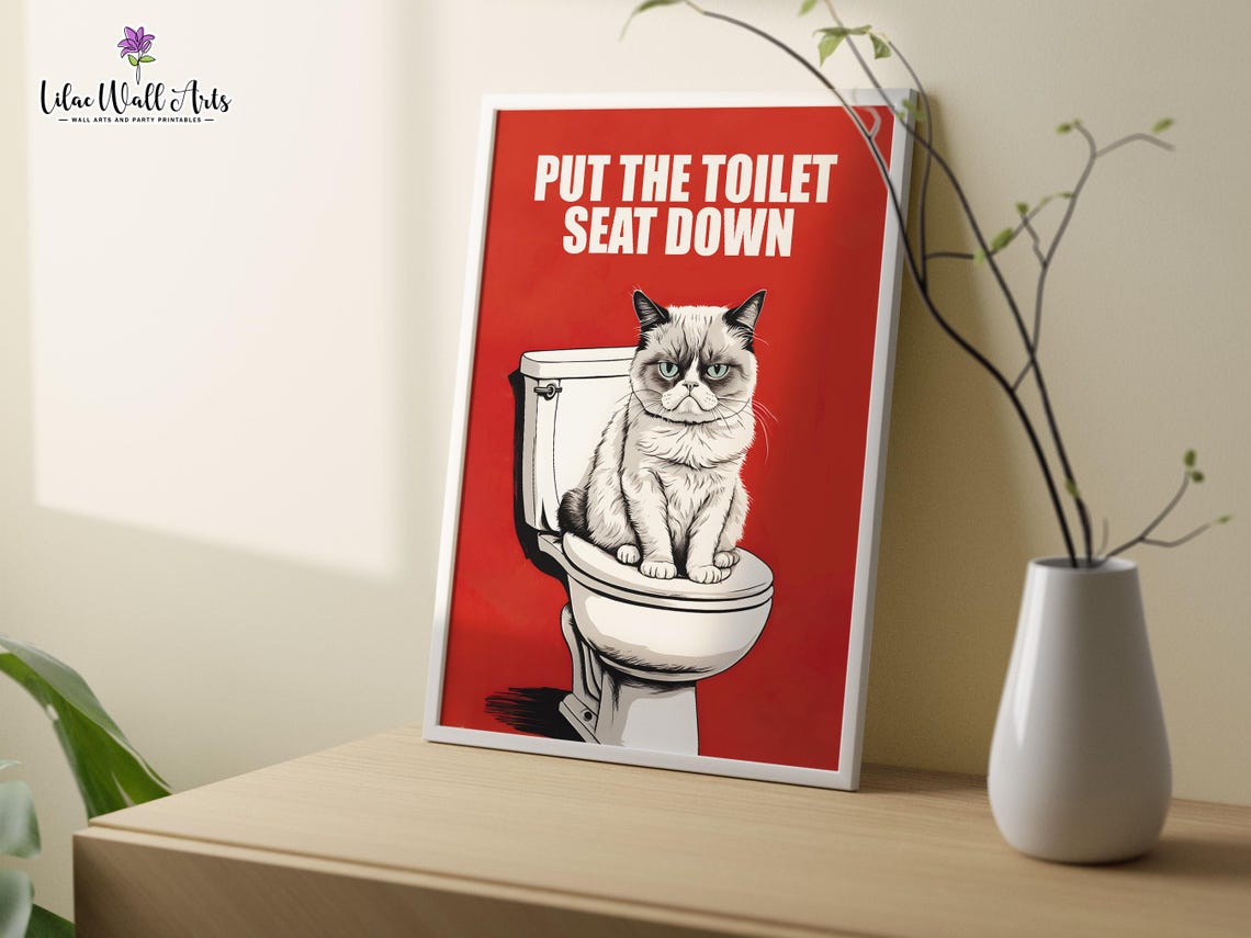 Put The Toilet Seat Down Bold Red Grumpy Cat Bathroom Poster - Image 3
