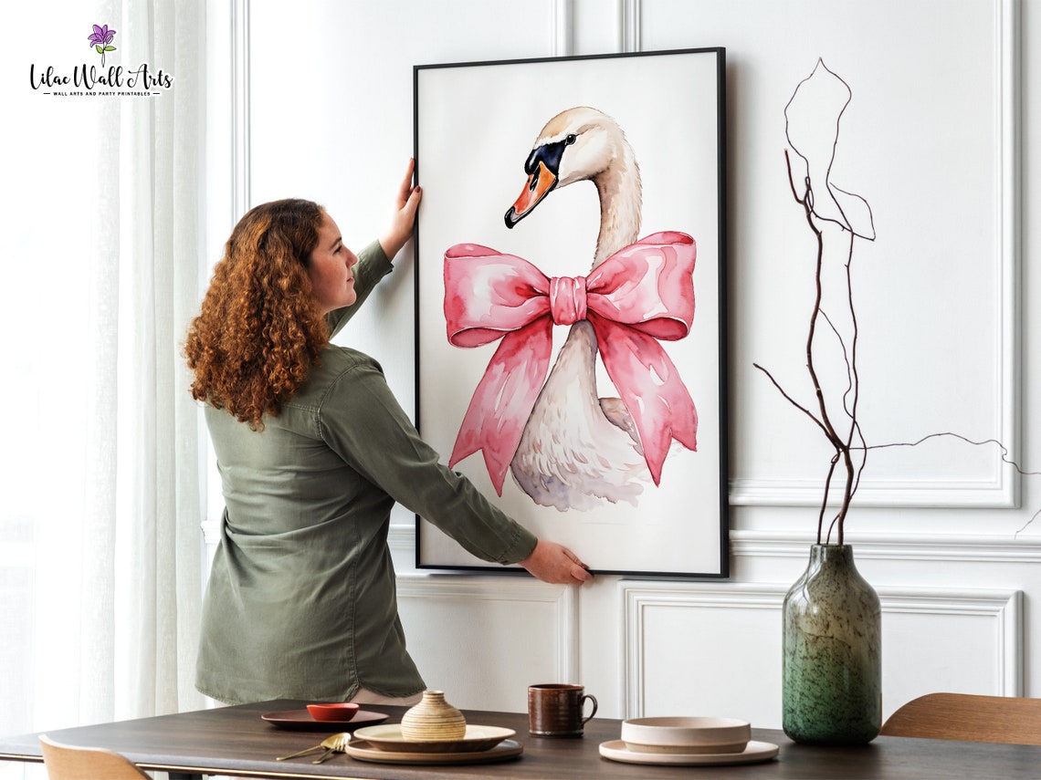 Beautiful Swan Print Art Preppy Bedroom Art Blush Pink Nursery Swan Painting Swan Art Girly Bathroom Print Baby Swan Print Coquette Art - Image 3